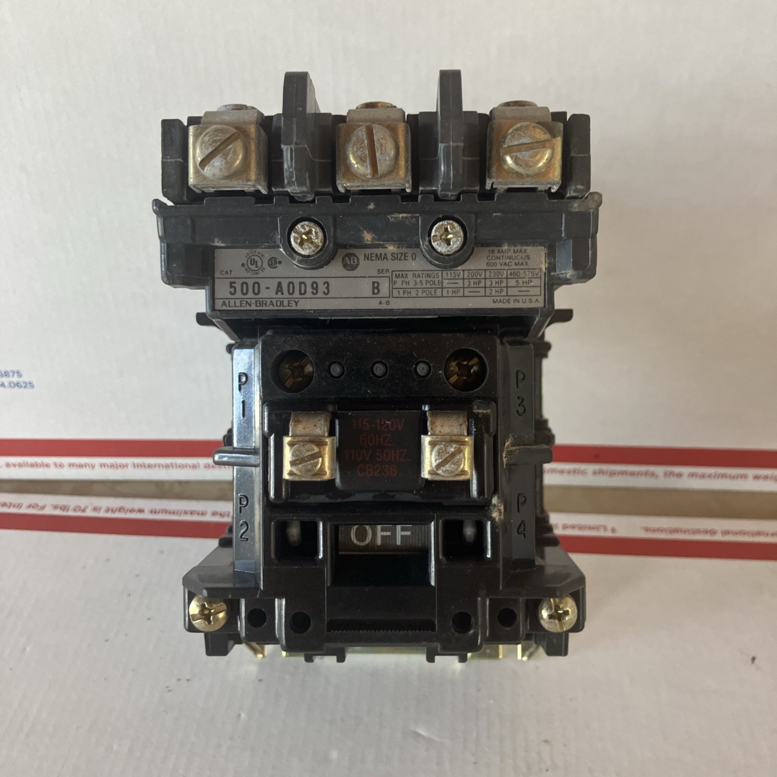 Contactor 115-120v-ac 18a Amp 5hp Allen Bradley 500-AOD93 Size 0 Ac