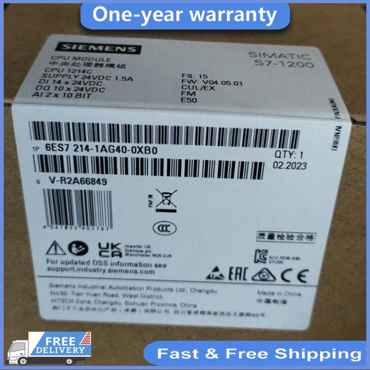 NEW 6ES7 214-1AG40-0XB0 SIEMENS 6ES7214-1AG40-0XB0 1AG4O-OXBO S7-1200 CPU 1214C