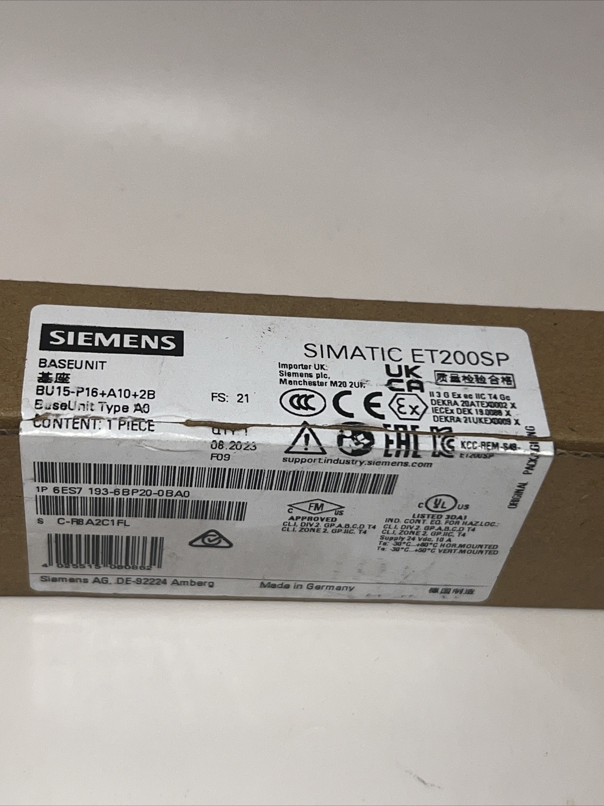 Siemens Base Unit Type A0 (6ES7193-6BP20-0BA0) Simatic ET200SP