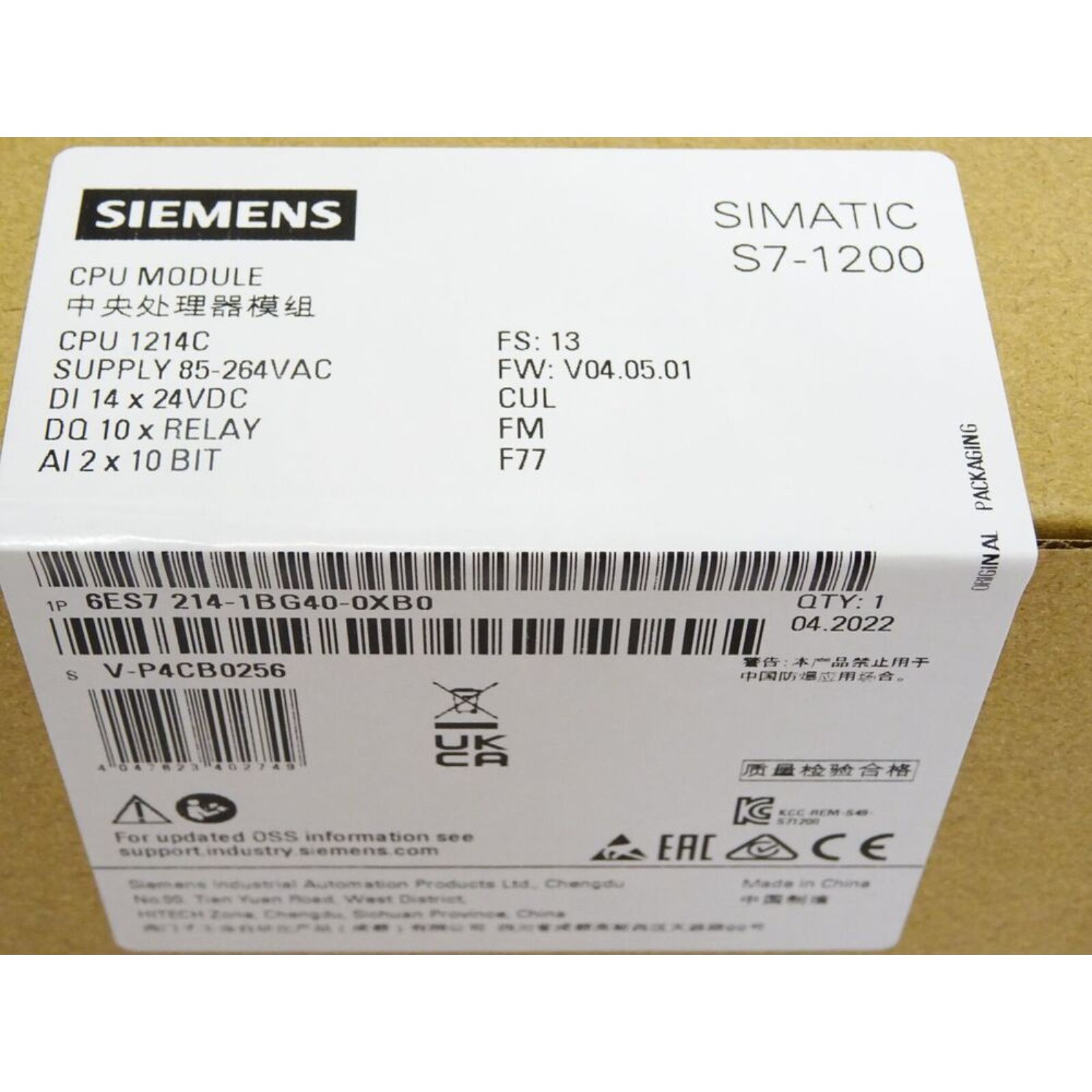 6ES7214-1BG40-0XB0 New Siemens 6ES7 214-1BG40-0XB0 SIMATIC S7-1200 CPU 1214C
